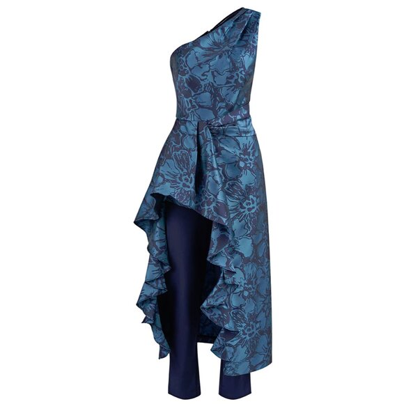 Kay Unger One Shoulder Navy Aqua Floral Walk Thru Jumpsuit Dress 14 - Picture 1 of 12